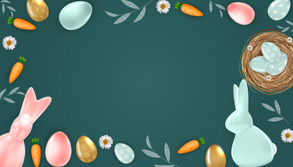 Wall Mural - Easter poster template frame with 3d realistic Easter eggs, bunny and Carrot. Template for advertising, poster, flyer, greeting card. Illustration