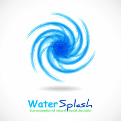 Swirl blue ink splash as symbol of hurricane cyclone wind, tropical typhoon, spiral storm, tornado. Eco fluid stream design. Vector clean water concept template. Abstract colorful grunge curls logo