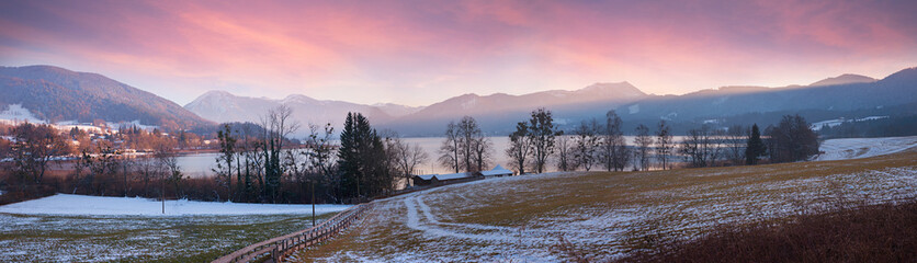 Wall Mural - sunset scenery gmund am tegernsee, lake and mountain view with dreamy clouds