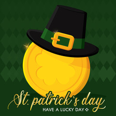 Wall Mural - Colored saint patrick day poster golden coin with elvish hat Vector illustration