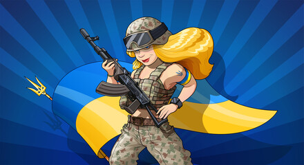 Ukrainian military girl with automatic gun in uniform.