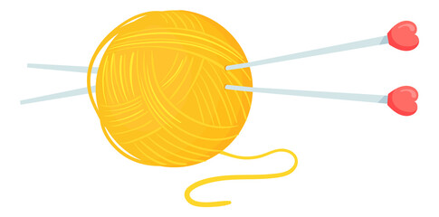 Wall Mural - Yellow yarn ball with knitting needles. Hand craft icon