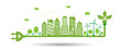 Concepr of environment conservation. Eco friendly city with plug electric and light bulb with green leaves. Silhouette of green city and renewable energy sources. Vector illustration.