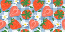 Strawberry Fruit Picnic Seamless Pattern Illustration. Retro Nature Food Ingredient Cartoon Background. Fresh Spring Season Fruits Backdrop.