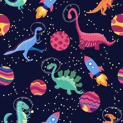 Dino in space seamless pattern. Cute dragon characters, dinosaur traveling galaxy with stars, planets. Kids cartoon background. Illustration of astronaut dragon, kids wrapping with cosmic dino