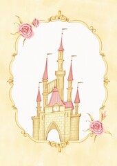 A fairy-tale castle in a golden vintage frame with roses. Stock illustration.