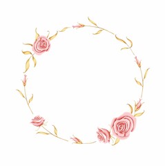 Round frame of roses on a white background. Stock illustration.