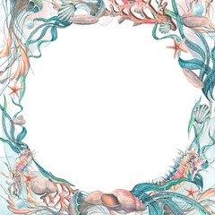 Watercolor illustration frame of marine fauna. Decoration.