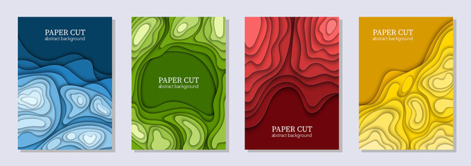 Wall Mural - Vertical vector set of 4 colorful flyers with paper cut waves shapes. 3D abstract paper art, design layout for business presentations, flyers, posters, prints, decoration, cards, brochure cover.