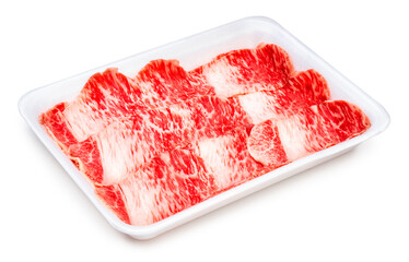 Rare Sliced beef with marbled texture in package, Meat red beef on black background, Asian BBQ food style.