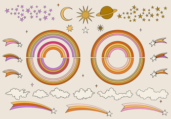 Abstract groovy and hippie astrological signs. Set of Different colored Vector illustartions	