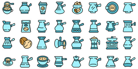 Wall Mural - Turkish coffee pot icons set outline vector. Arabic coffee. Cafe cook