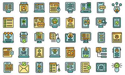 Sticker - Online registration icons set outline vector. Device apply. Electronic thin line color flat on white