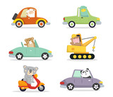Fototapeta Pokój dzieciecy - Cute animated illustration with cars and motorbikes