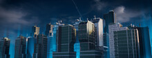 Contemporary City Panorama Wallpaper. Futuristic Superstructures Illuminated With Blue Light.