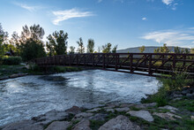 Footbridge Spanning The Uncompahgre River In Ridgway Colorado At Dusk