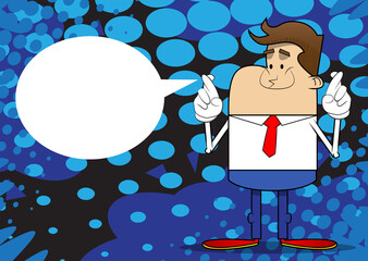 Wall Mural - Simple retro cartoon of a businessman crossing his fingers and wishing for good luck. Professional finance employee white wearing shirt with red tie.