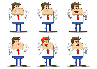 Wall Mural - Simple retro cartoon of a businessman crossing his fingers and wishing for good luck. Professional finance employee white wearing shirt with red tie.