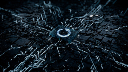 Reload Technology Concept with refresh symbol on a Microchip. Data flows from the CPU across a Futuristic Motherboard. 3D render.