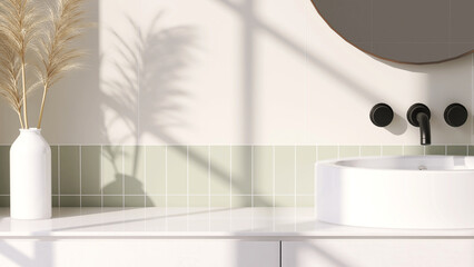 White vanity counter top and green wall tiles with ceramic washbasin and modern minimal style faucet in bathroom in warm morning sunlight and shadow. 3D render for product display background.