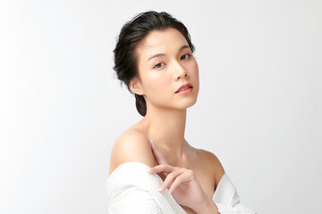 Beautiful young asian woman with clean fresh skin on white background, Face care, Facial treatment, Cosmetology, beauty and spa, Asian women portrait.