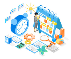 Isometric style illustration of business planning schedule with characters and date