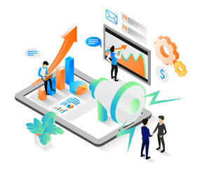 Isometric style illustration of digital marketing analysis team