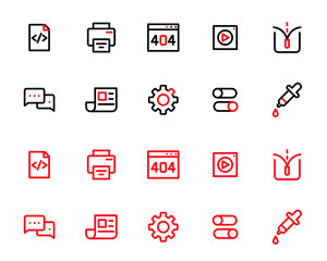 Wall Mural - simple line art in two colors ui icons set. html, print, video file, unzip, chat and others. pixel p