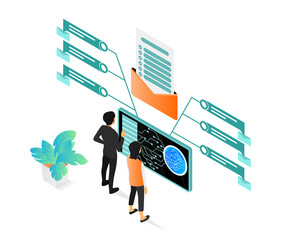 Isometric style illustration of an app's workflow