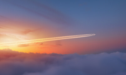 Wall Mural - Jet airplane with trail of fuel on blue sky 