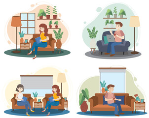 Wall Mural - Four scenes of people working at home