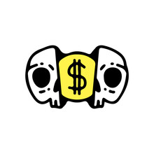 Two Half Of Skeleton Face With Dollar Coin Inside. Illustration For T Shirt, Poster, Logo, Sticker, Or Apparel Merchandise.