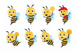 © charactoon - Flat design cartoon cute bee mascot set with different poses. Cartoon cute bee showing victory sign, holding a honey dipper and wearing cap. Flat vector illustration