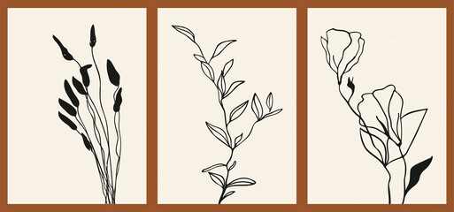 Wall Mural - A set of three abstract minimalist aesthetic floral illustrations. Black silhouettes of plants on a light background. Modern monochrome vector posters for social media, web design in vintage style.