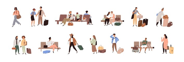 Wall Mural - people in airport set. tourists with luggage at terminal. passengers with baggage traveling. men and