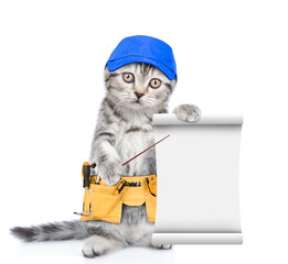Poster - Funny cat wearing blue cap and toolbelt holds empty list.  Isolated on white background