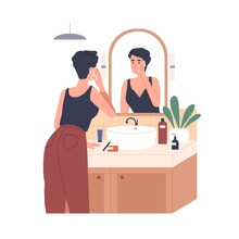 Woman Applying Moisturizing Cream In Front Of Mirror In Bathroom. Skincare, Beauty Routine. Female Caring About Face Skin With Cosmetic Product. Flat Vector Illustration Isolated On White Background