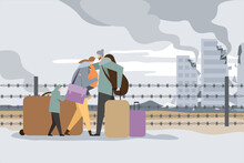 Illustration Of A Family With Children Escaped From A War Torn Country. Anti War Concept