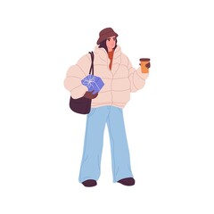 Poster - Woman with coffee cup and Christmas gift box in hands outdoors. Person walking, carrying hot drink and present for winter holidays. Flat graphic vector illustration isolated on white background