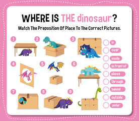 Wall Mural - preposition wordcard with dinosaurs and boxes