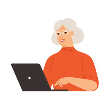 Happy Senior Woman With Laptop. Freelaner Working Online Or Person Studying Online. Vector Flat Illustration On A White Isolated Background.