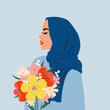 © cloverlittleworld - Pretty hijab woman side profile with colorful flower bouquet. Happy woman's day.