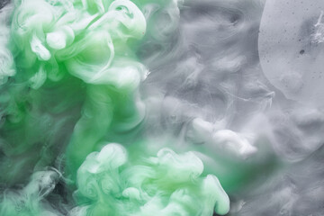 Green smoke on white ink background, colorful fog, abstract swirling emerald ocean sea, acrylic paint pigment underwater