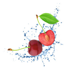 Wall Mural - Whole and halved cherry in water splashes isolated on white background.