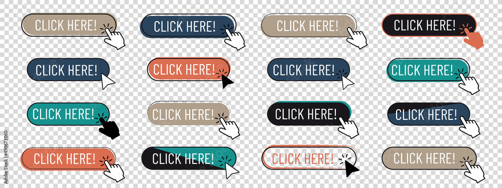 Click Here Button Set - Different Flat Vector Illustrations Isolated On ...