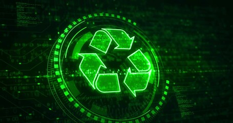 Recycling icon, waste data managment and sustainable industry symbol abstract digital concept. Network, cyber technology and computer background seamless and looped animation.