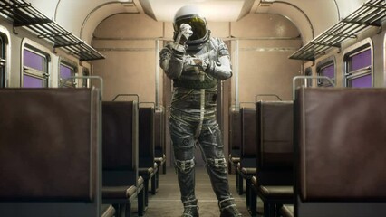 Wall Mural - an astronaut shows an obscene gesture, in an interstellar space train travelling at superluminal spe