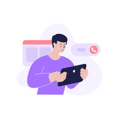 Wall Mural - minimalist man internet user talking online video call use camera tablet pc vector flat illustration