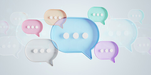 Wall Mural - Minimalist blue red orange green purple speech bubbles talk icons floating over grey background. Modern conversation or social media messages with shadow. 3D rendering