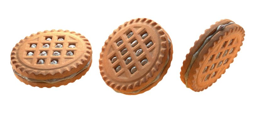 white cream biscuits on a white background. 3D illustration